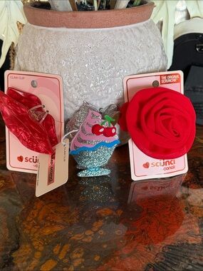 scunci Red Rose Scrunchie. Lip Clip & Cupcake Clip